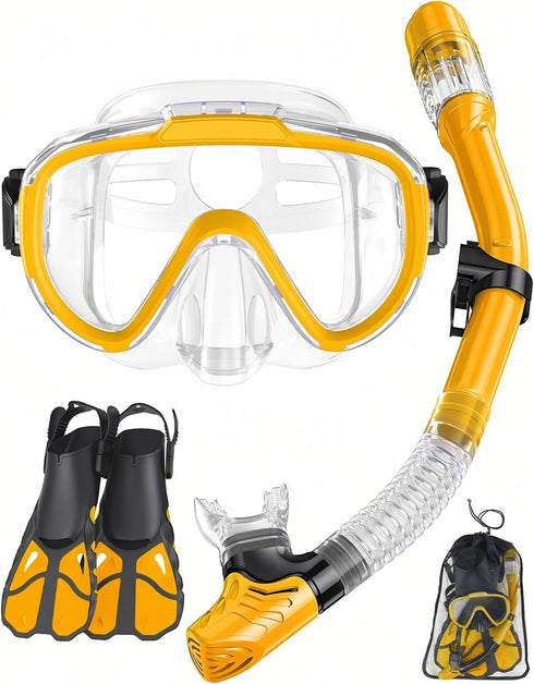 Snorkel Set with Fins for Adults, Snorkeling Gear Combo Set with Dry Top Snorkel Mask and Travel Bag for Diving,