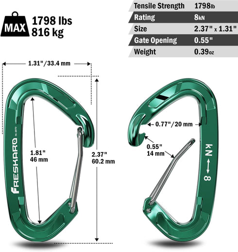 FresKaro 5pcs Nano Carabiner Clips, 8kN 1798lbs, Small Sturdy Reliable Spring Wiregate, Mini Size 2.37inch, Available