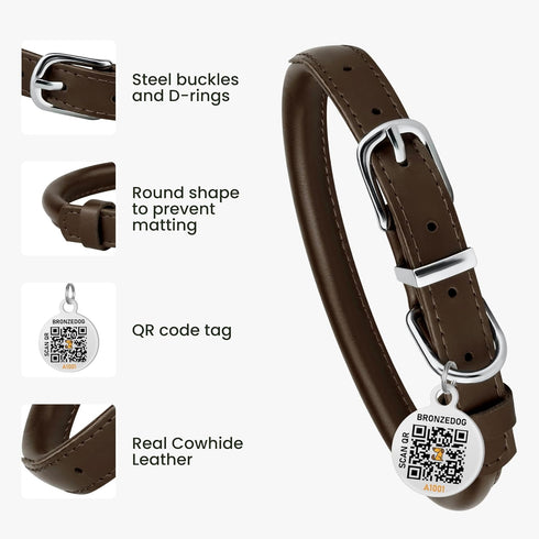 BRONZEDOG Coffee Brown Rolled Leather Dog Collar with QR ID Tag for Small Medium Large Dogs (L: 16-18 Inch)