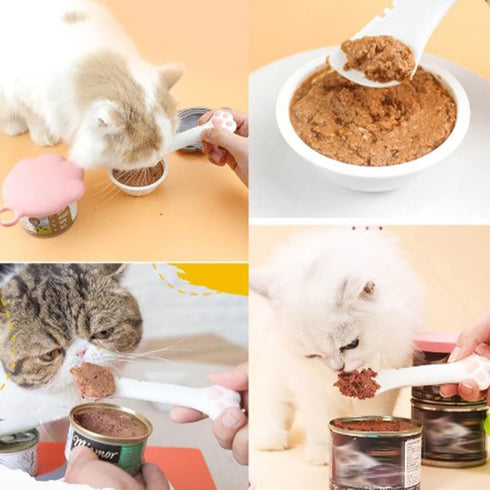 Cat Jar Opener, Comfortable and Convenient Cat Design Multifunction Pet Canned Spoon Cat Can Opener for Pet Food Can Supplies (White)
