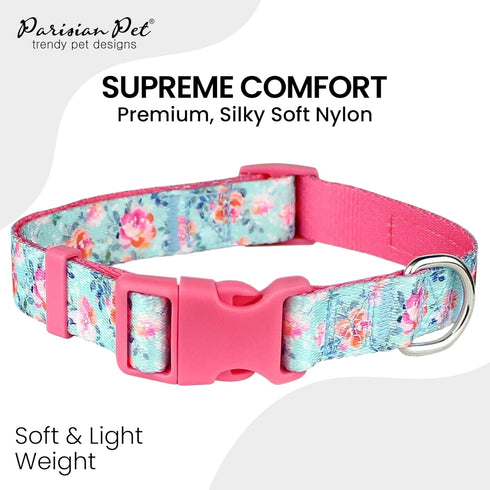 Parisian Pet Dog Collar - Adjustable “Spring Blossoms” Pattern Pink Buckle Safety Collar for Small Dogs - Breathable
