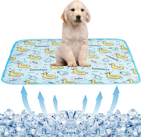 BAMY Cat Cooling Mat Summer Dog Silk Pad, Self Cooling Cushion with Duck Strawberry Pattern, Washable (Blue Duck, M
