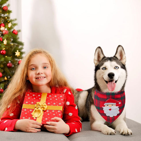 PAWCHIE 2 PCS Christmas Dog Bandanas with Handmade Applique (Santa Claus & Elk), Washable Plaid Scarfs