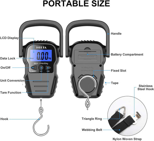 HEETA Fish Scale with Backlit LCD Display, Up to 110lb/50kg Digital Portable Hanging Fish Weight Scale with Hook & Measuring Tape for Home, Farm, Outdoor, Hunting, Fishing, 2 AAA Batteries Included by HEETA