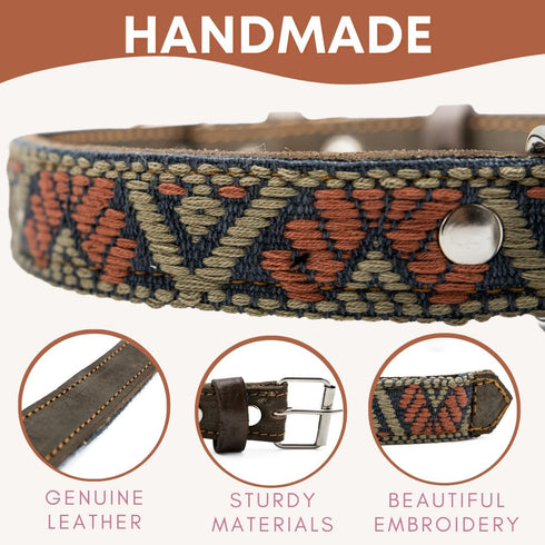 Western Dog Collar, Leather Embroidered Design, Aztec Southwest for Small Medium Large Dogs, Bronze Olive