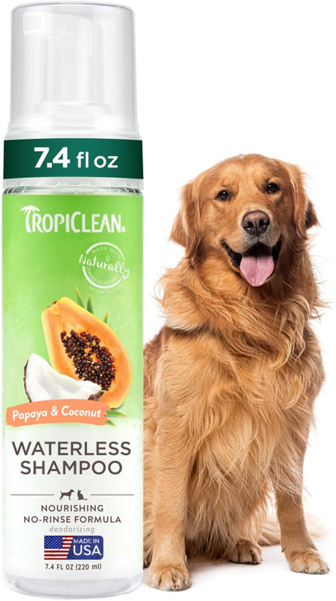 TropiClean No Rinse Waterless Dog Shampoo, Detangling & Deodorizing Dry Shampoo for Smelly Pets, 7.4oz, Papaya Scent