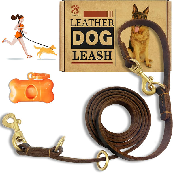 Hands Free Leather Dog Leash, 8ft Durable Genuine Leather Multi-Function Leash for Small Medium Large Breed Dogs