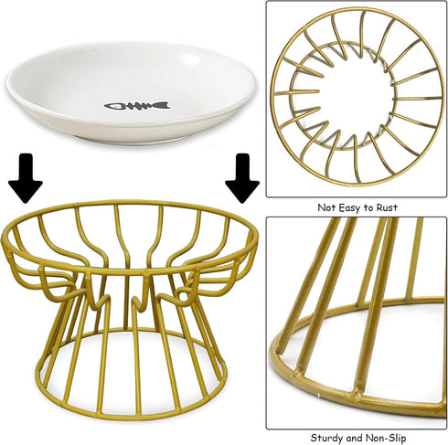 BNOSDM Elevated Cat Plate, Shallow Ceramic Dish with Gold Stand, Whisker Fatigue Flat Bowl for Indoor Small Cats and