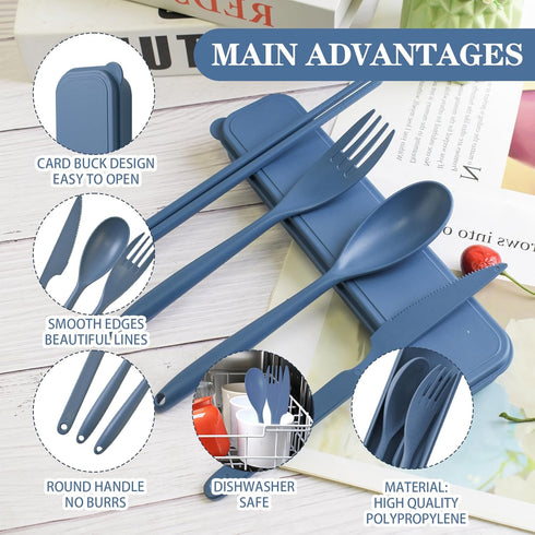 Large Reusable Travel Utensils Set with Case, Plastic Silverware for Adults, Portable Cutlery Set for Daily Use (Dark