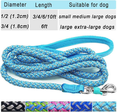Rope Dog Leash - 2/3/4/6/10 Foot Reflective Heavy Duty Nylon Braided Training Leash for Large Medium Small Dogs (Sky