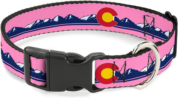 Buckle-Down Pet Collar, Dog Collar Plastic Buckle, Colorado Flag Icon Mountain Skyline Pink Blue White, 15-24 Inches