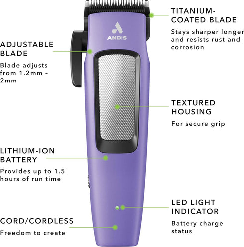10 560017 Andis Easy Clip Adjustable Blade Cordless II Dog Clipper, Piece Kit, Lithium-Ion Battery, Purple
