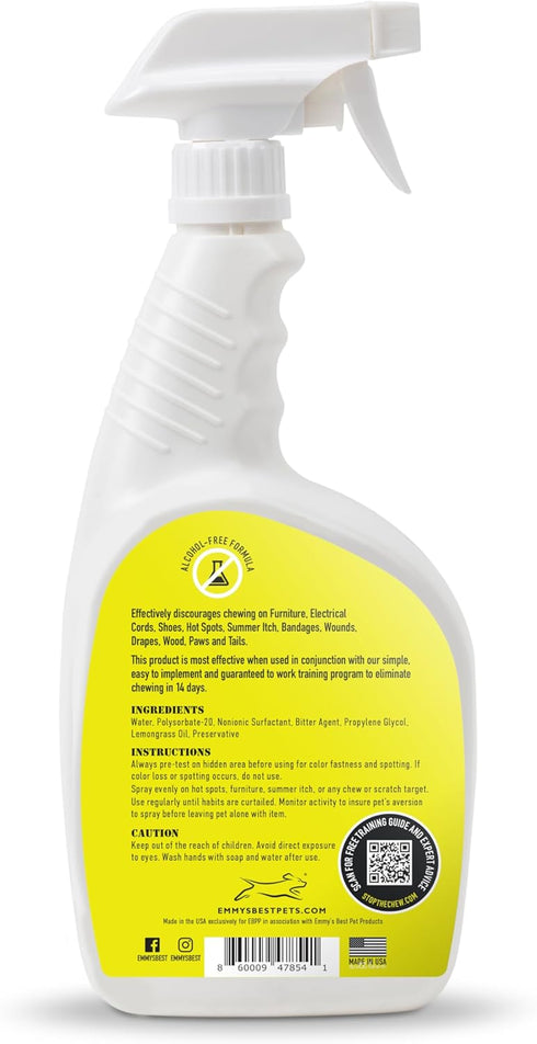 EBPP Stop the Chew Anti Chew Spray for Dogs, 3X Strength Bitter Deterrent for Puppies, Alcohol Free, 32oz