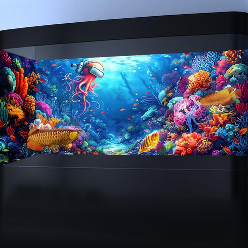 48X20IN Blacklight Ocean HD 3D Black Light Aquarium Background, UV Reactive Octopus Background with Tape