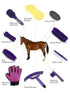 (12-Piece): Horse Grooming Kit Brushes, Storage Bag, Sweat Scraper, Mane Comb, Grooming Gloves - Purple Horse Gifts
