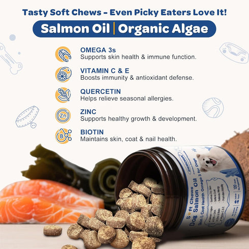 3 6 9 120 ZEBORA Salmon Oil for Dogs Skin and Coat - Omega Fish Oil Soft Chews for Dogs Itchy Skin Relief - Dog Fish