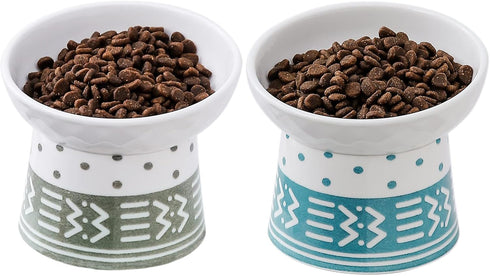 TAMAYKIM Tilted Ceramic Elevated Cat Bowls, Set of 2 Raised Food & Water Bowls for Cats and Puppies, Cyan & Grey