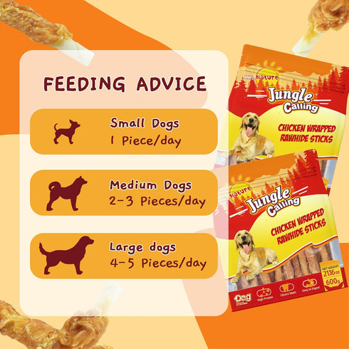 52 Count 5 Inch 21.2 oz Jungle Calling Chicken Wrapped Rawhide Sticks Dog Treats, High-Protein, Digestible Dog Chews