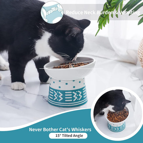 TAMAYKIM Tilted Ceramic Elevated Cat Bowls, Set of 2 Raised Food & Water Bowls for Cats and Puppies, Cyan & Grey