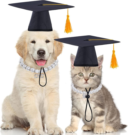 Small Dogs Graduation Caps: Black Hats with Yellow Tassel for Puppy Dogs & Cats Party Outfits Accessories