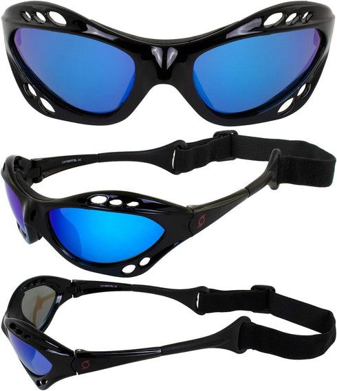 Hurricane Eyewear Category 4 Polarized Jet Ski Goggles - 2 Pairs Black Padded Frames with Smoke & Blue Mirror Lenses