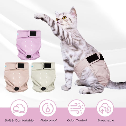 (3 Pack, Paw Legend Cat Diapers for Female Cats Spraying Washable Reusable Kitten Diapers for Cats Incontinence Pet