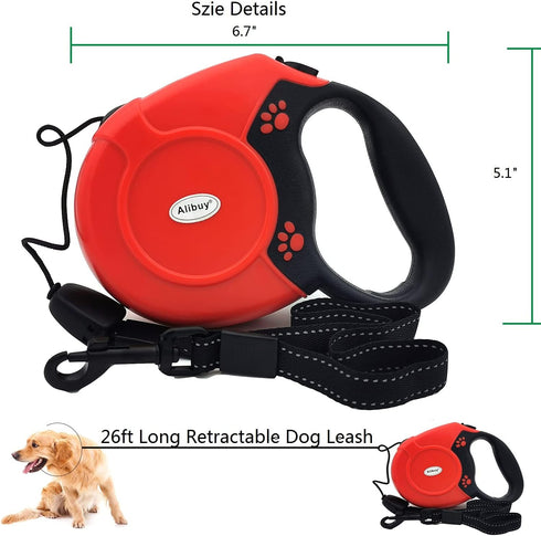 Retractable Dog Leash 26ft Red, 360° Tangle-Free Walking Leash with Non-Slip Handle for Dogs Up to 110 lbs