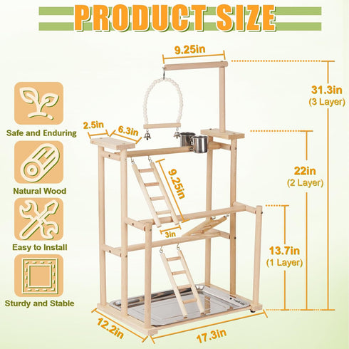 (3 Pet Parrot Playstand Parrots Bird Playground Bird Play Stand Wood Perch Gym Playpen Ladder with Feeder Cups Bells
