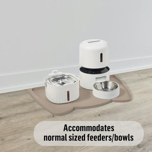 Dog Food Mat(Beige, 24 * 15'') w/Residue Collection Pocket Silicone Pet Feeding Mat for Floor High Edges Anti Spills Waterproof Cat Water Bowl Tray, Easy Clean Placemat