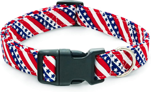 Adjustable American Flag Dog Collar for Small Medium Large Pets, 4th of July Patriotic Design, Strong Plastic Buckle