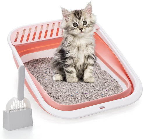 Open Top Cat Litter Box, Large Foldable Cat Potty Height-Adjustable Sides Anti-Splash,