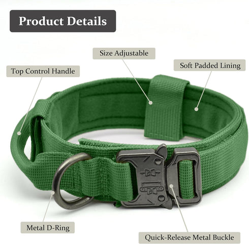Tactical Dog Collar, Adjustable Military Training Nylon Collar with Control Handle for Small Medium Large Dogs (Emerald