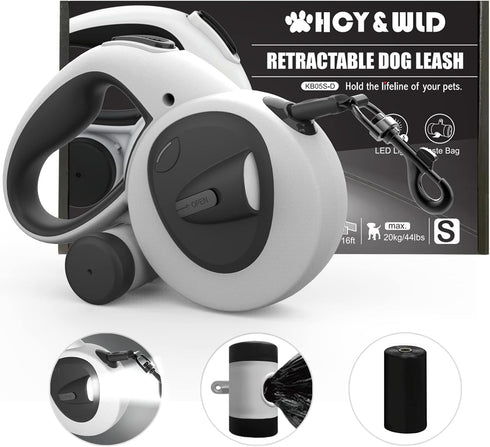 Upgrade 4-in-1 Retractable Dog Leash with LED Light & Dispenser & Poop Bags, 16ft Heavy Duty for Dogs up to 44lbs