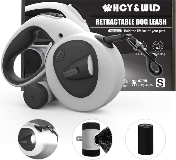 Upgrade 4-in-1 Retractable Dog Leash with LED Light & Dispenser & Poop Bags, 16ft Heavy Duty for Dogs up to 44lbs
