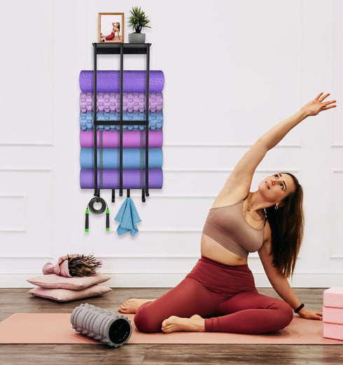 Yoga Mat Holder Wall Mount, Home Gym Accessories Organizer with 4 Hooks for Hanging Foam Roller and Bands