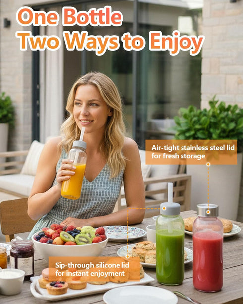 16 oz, 8 Pack Zukro Glass Water Bottles with Lids & Straw Reusable Juice Bottles With Stainless Steel Cap for Juicing