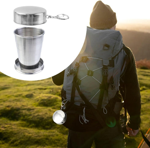 MY MIRONEY 2PCS Telescopic Stainless Steel Collapsible Cup, Portable Folding Shot Glass with Keychain and Lid (2.5 Oz)