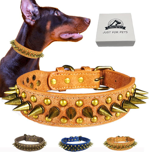 Spiked Studded Dog Collar Anti-bite PU Leather for Small Medium Large Dogs, Brown-Sharp Spikes (L)