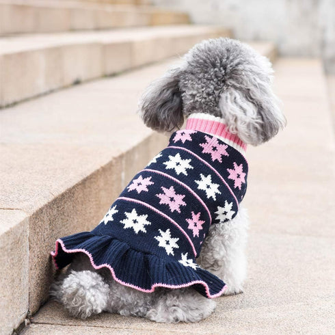 KYEESE Dog Sweater for Girl Dogs - Warm Pet Coats with Snowflake Pattern Knit Turtleneck Pullover, Navyblue, X-Large