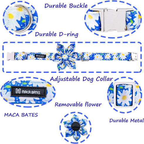 Maca Bates Flower Summer Daisy Dog Collar with Flowers for Dogs Adjustable Breakaway Bloom Blue Cute Collars Accessories Birthday Gift for XS Small Medium Large XL for Puppy Cat Pets