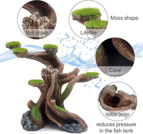 Reptile Decor Aquarium Decorations - Artificial Moss Resin Fish Tank Rocks Simulation Hollow Tree Accessories (Small)