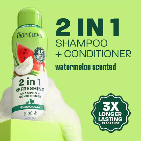 2-in-1 20 oz TropiClean Watermelon Refreshing Cat & Dog Shampoo and Conditioner | Cat & Dog Bath Supplies | | Made