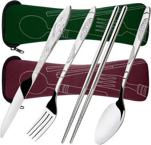 SENHAI 8 Pieces Flatware Set, Knife, Fork, Spoon, Chopsticks, 2 Pack Rustproof Stainless Steel Dinnerware with Carrying