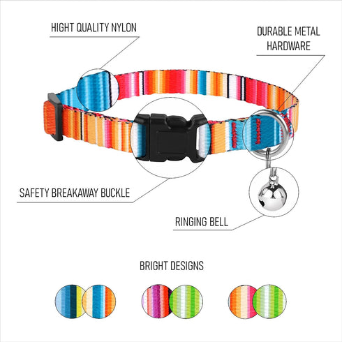 BRONZEDOG Breakaway Nylon Cat Collar with Bell, 2 PCS Aztec Tribal Pattern Safety Collars for Cats
