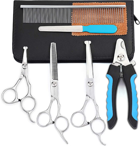 Freewindo Dog Grooming Scissors Kit - Safety Round Tip, Heavy Duty Stainless Steel Scissors and Nail Clippers for Full