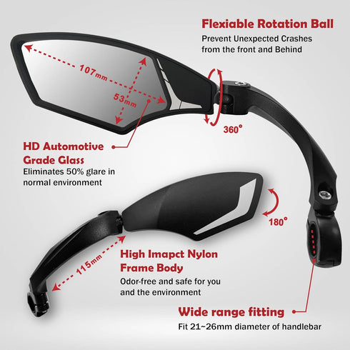 Hafny HF-MR095 New Handlebar Bike Mirror, HD Blast-Resistant, Adjustable Rotatable Rearview Bicycle Mirror