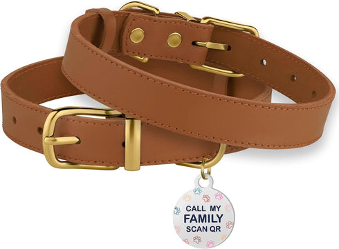 BRONZEDOG Leather Dog Collar with QR ID Tag, Basic Pet Collar for Small Mini Dogs, Light Brown & Gold Buckle