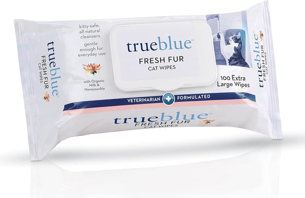 TrueBlue Fresh Fur Cat Cleaning Wipes - Milk & Honeysuckle, Pre-Moistened Pads for Dirty Paws, 100 Count, 8”x7”