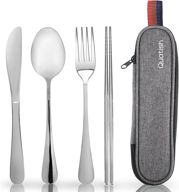 Quatish Travel Utensils with Case, Portable Silverware Set for Work, 304 Stainless Steel Cutlery Set