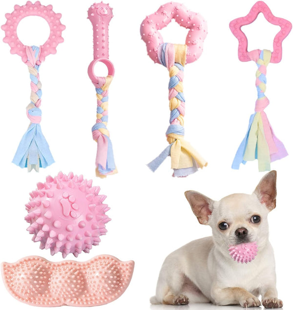 Puppy Toys, 6 Pack Teething Chew Toys for Small Breed, Cute Pink Soft Rubber Durable Dog Toys Set